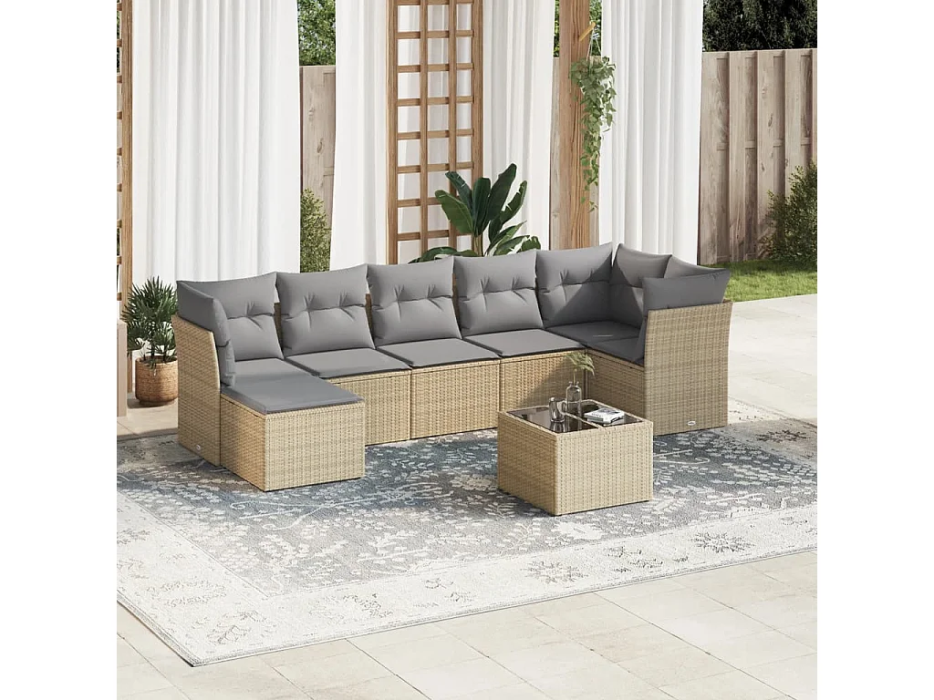 Salon de jardin avec coussins 8 pcs beige résine tressée
