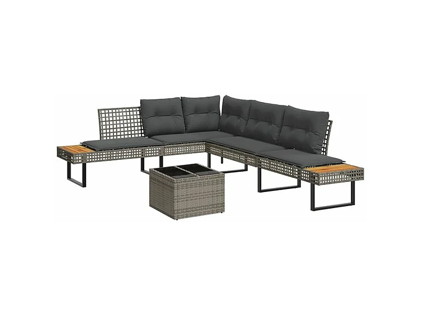 Salon de jardin avec coussins 2pcs gris résine tressée et verre