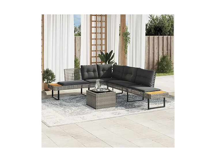 Salon de jardin avec coussins 2pcs gris résine tressée et verre