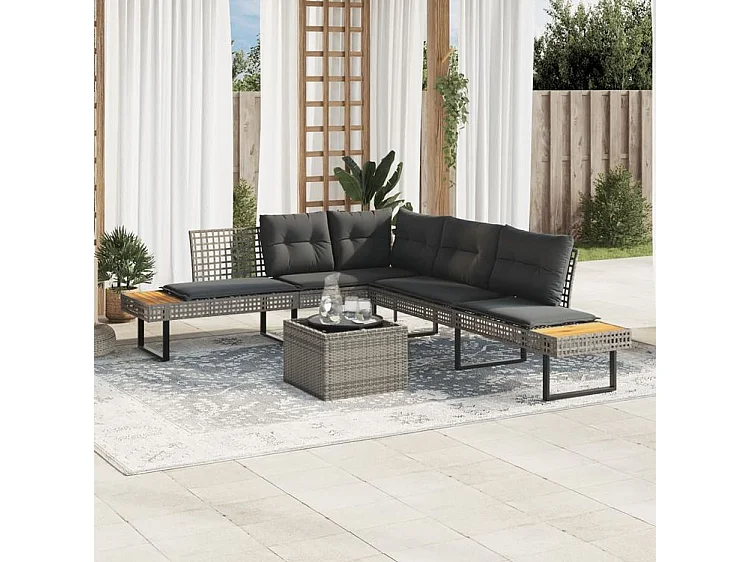 Salon de jardin avec coussins 2pcs gris résine tressée et verre