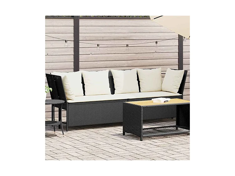 Canapé de jardin avec coussins Noir Résine tressée