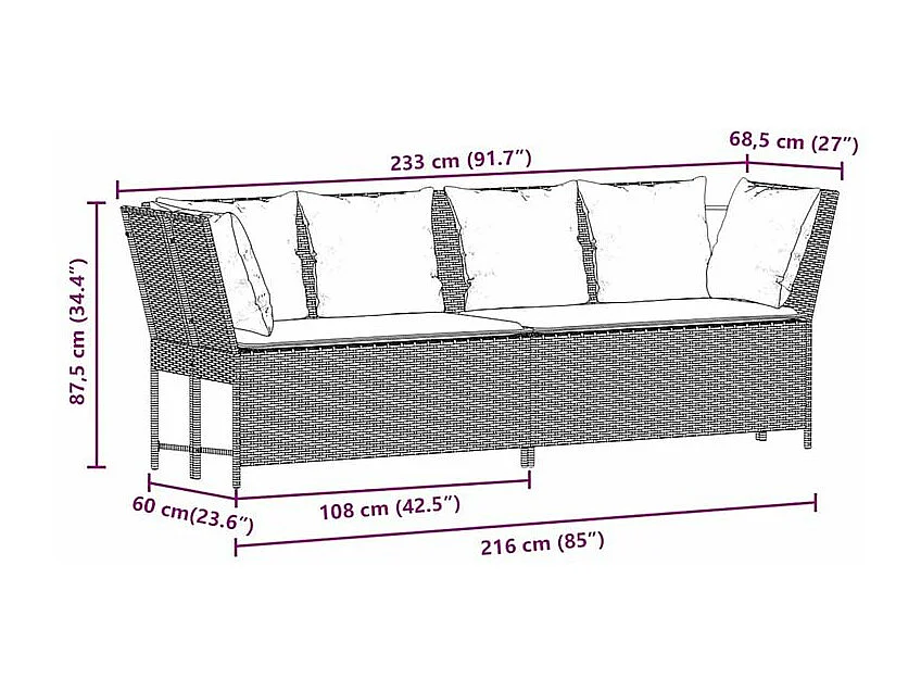 Canapé de jardin avec coussins Noir Résine tressée