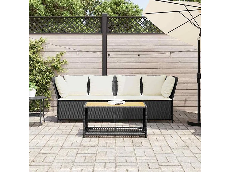 Canapé de jardin avec coussins Noir Résine tressée