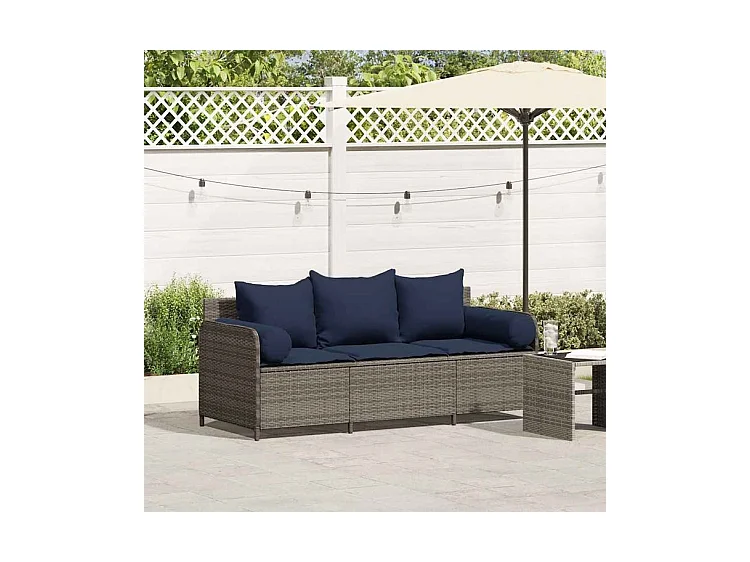 Canapé de jardin avec coussins 3 places gris résine tressée