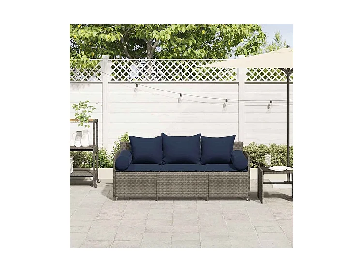 Canapé de jardin avec coussins 3 places gris résine tressée