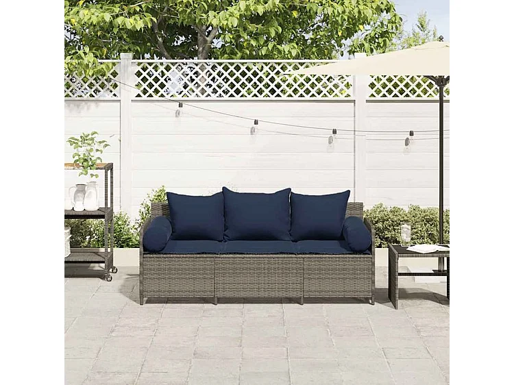 Canapé de jardin avec coussins 3 places gris résine tressée