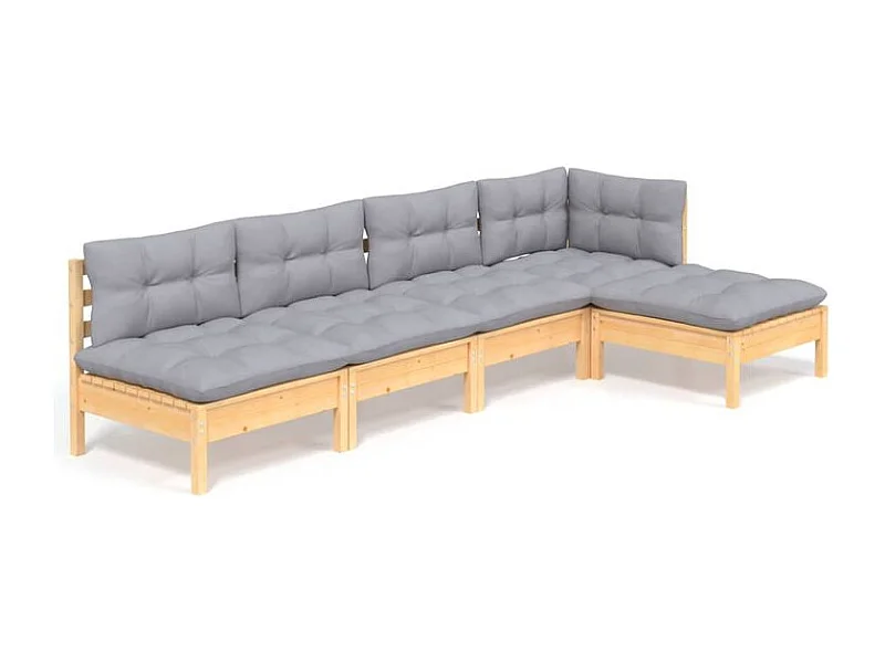 Salon de jardin 5 pcs avec coussins gris bois de pin