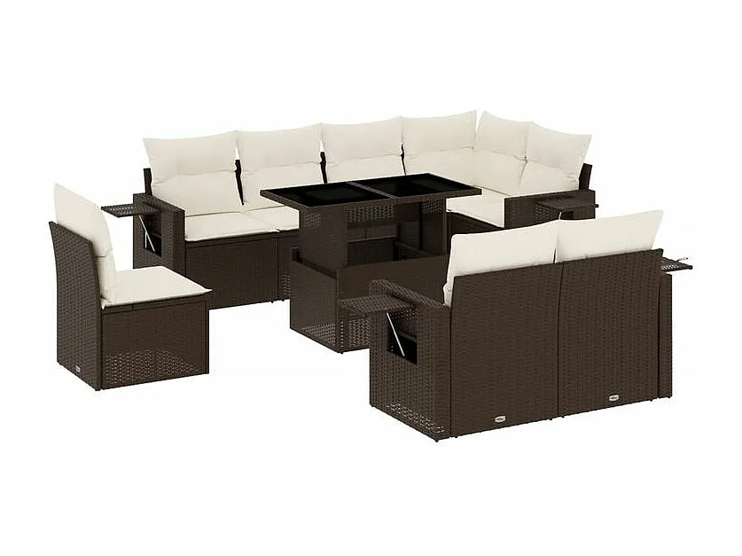 Salon de jardin avec coussins 9 pcs marron résine tressée