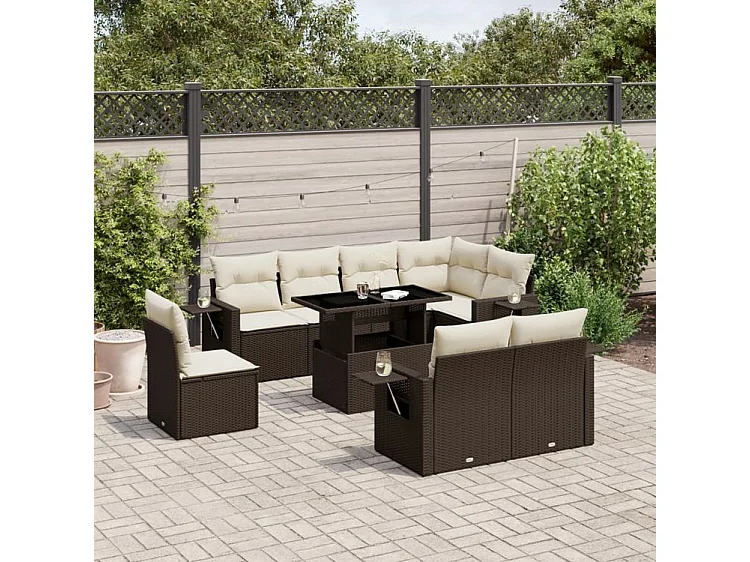 Salon de jardin avec coussins 9 pcs marron résine tressée