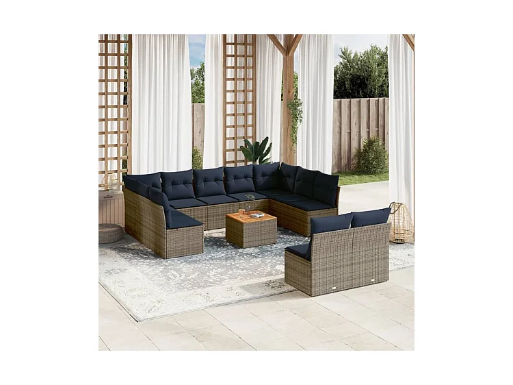 Salon de jardin avec coussins 12 pcs gris résine tressée