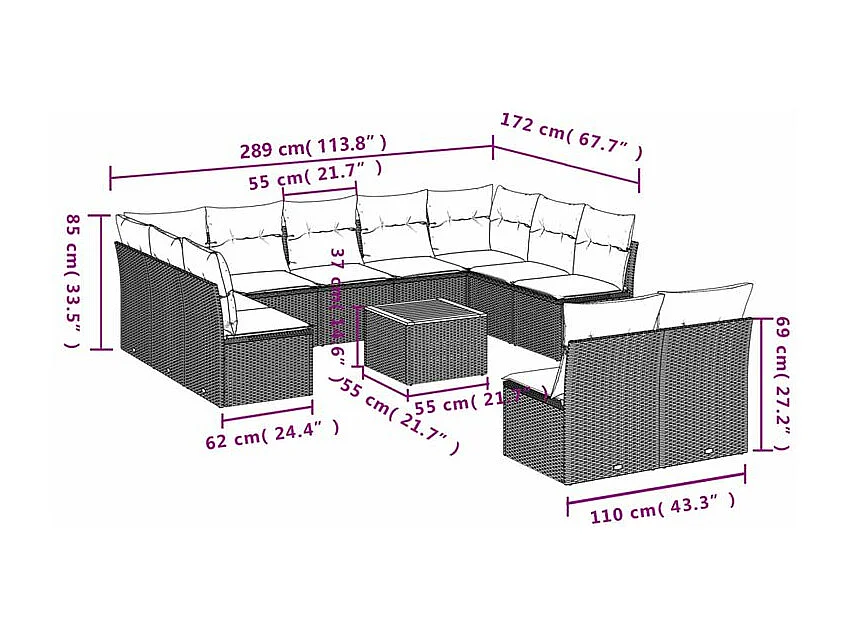 Salon de jardin avec coussins 12 pcs gris résine tressée