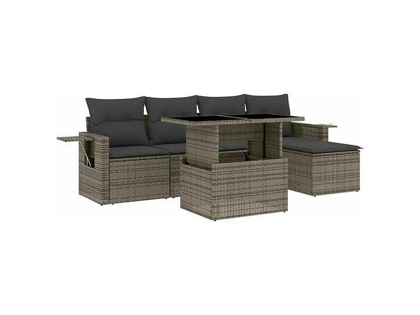 Salon de jardin 6 pcs avec coussins gris résine tressée