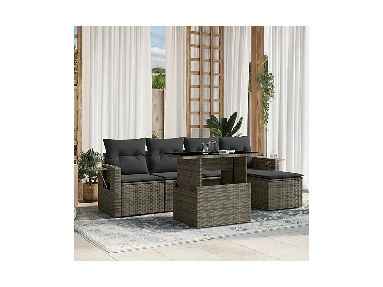 Salon de jardin 6 pcs avec coussins gris résine tressée