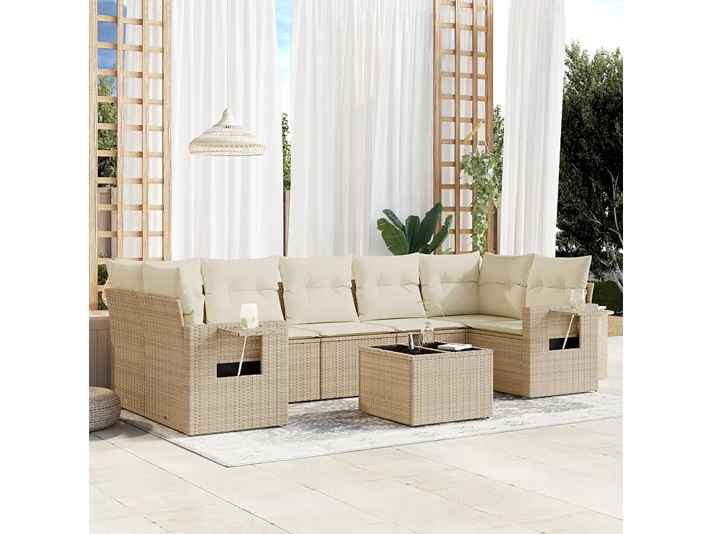 Salon de jardin avec coussins 8 pcs beige résine tressée