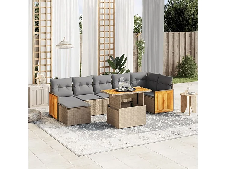 Salon de jardin avec coussins 8 pcs beige résine tressée