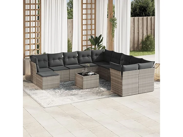 Salon de jardin avec coussins 12 pcs gris clair résine tressée