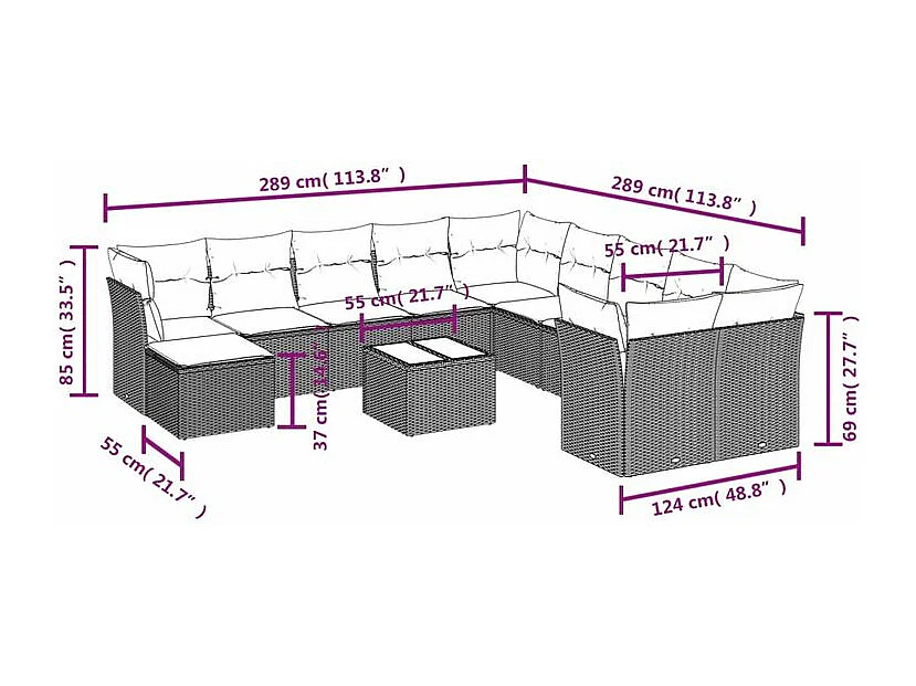 Salon de jardin avec coussins 12 pcs gris clair résine tressée