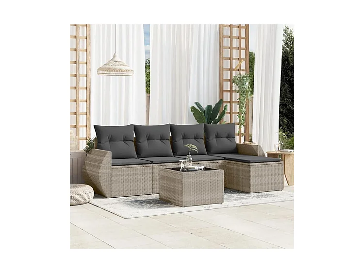 Salon de jardin 6 pcs avec coussins gris clair résine tressée