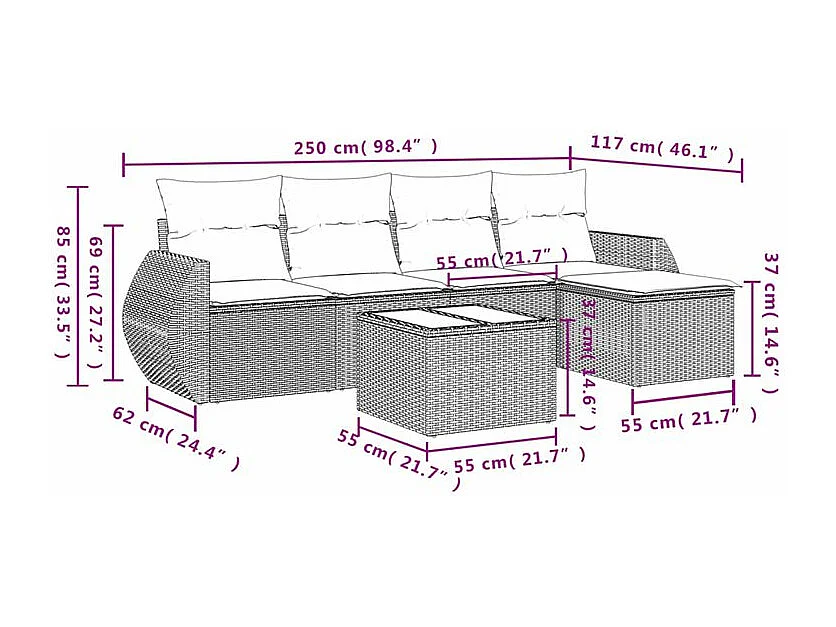 Salon de jardin 6 pcs avec coussins gris clair résine tressée