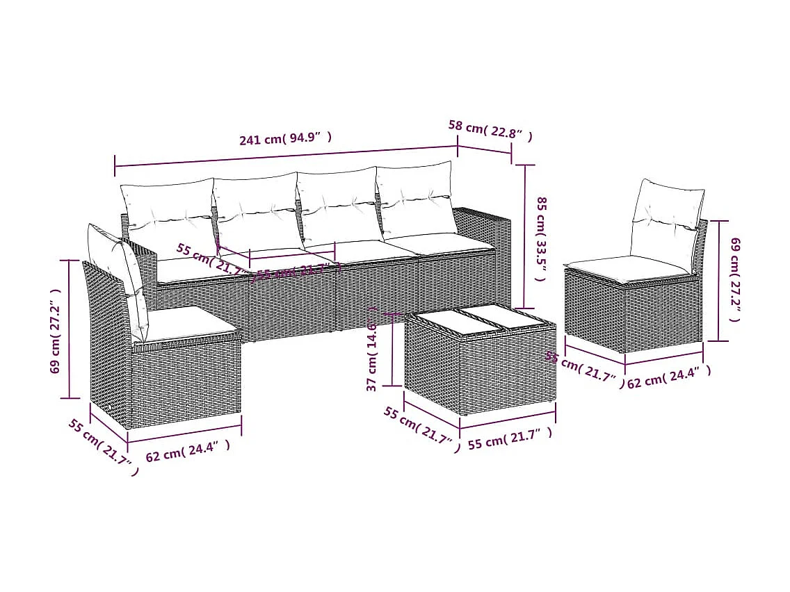 Salon de jardin avec coussins 7 pcs beige résine tressée