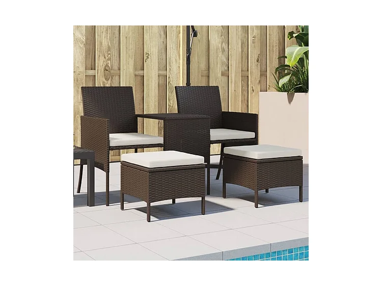 Canapé de jardin 2 places avec table et tabourets marron rotin