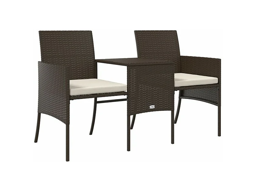 Canapé de jardin 2 places avec table et tabourets marron rotin