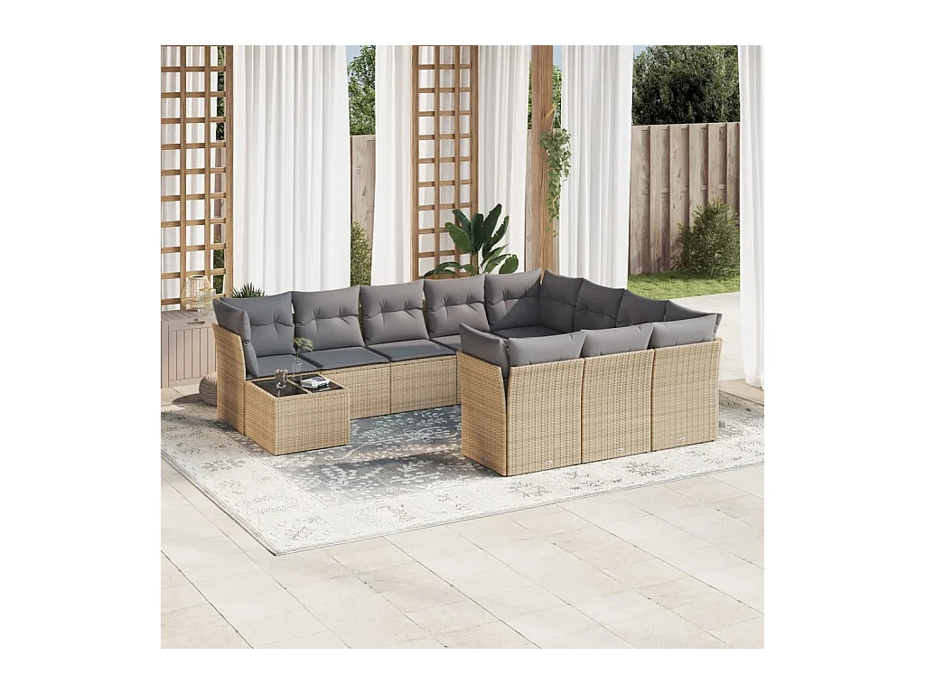 Salon de jardin 11 pcs avec coussins beige résine tressée