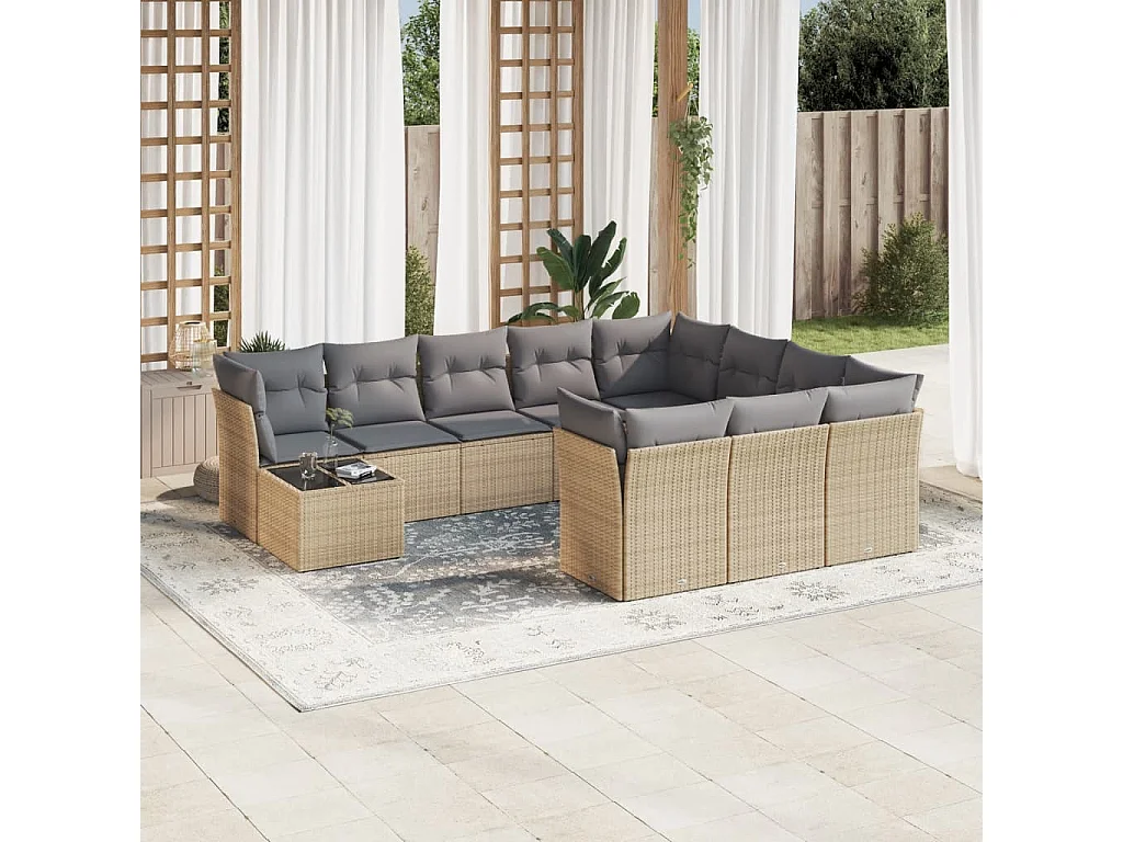Salon de jardin 11 pcs avec coussins beige résine tressée