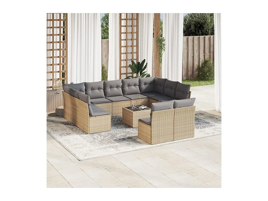 Salon de jardin avec coussins 12 pcs beige résine tressée