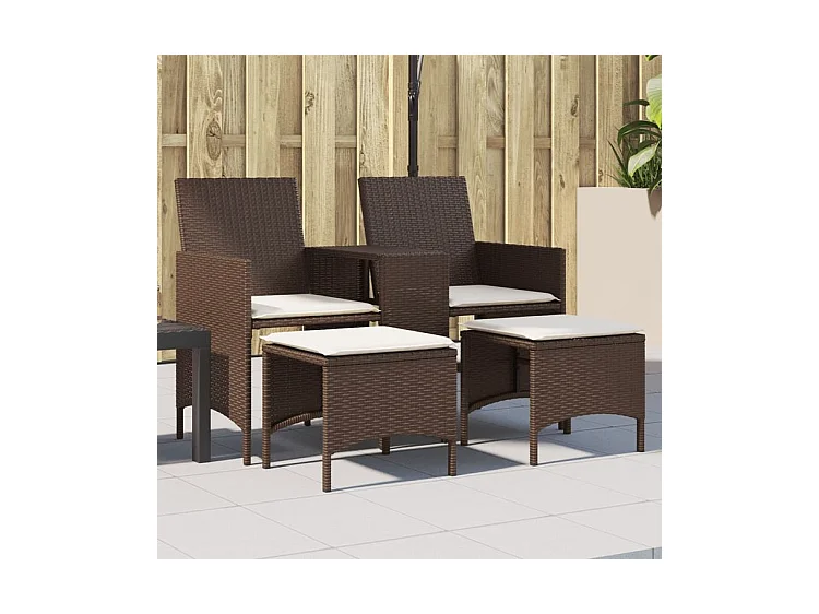 Canapé de jardin 2 places avec table et tabourets marron rotin