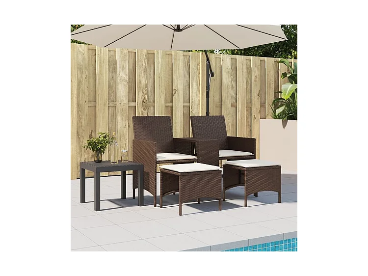 Canapé de jardin 2 places avec table et tabourets marron rotin