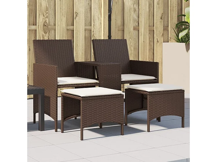 Canapé de jardin 2 places avec table et tabourets marron rotin