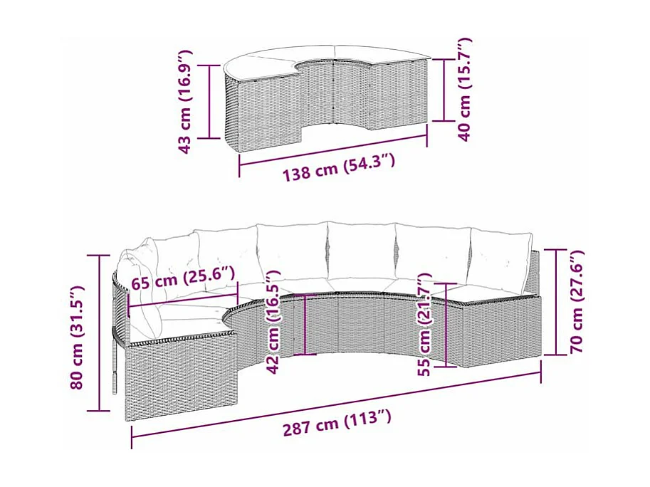 Salon de jardin 2 pcs demi-rond noir résine tressée