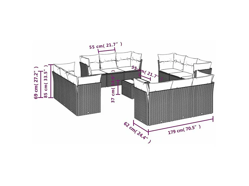 Salon de jardin avec coussins 13 pcs marron résine tressée
