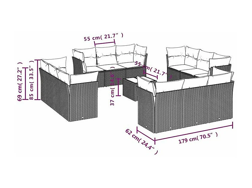 Salon de jardin avec coussins 13 pcs marron résine tressée