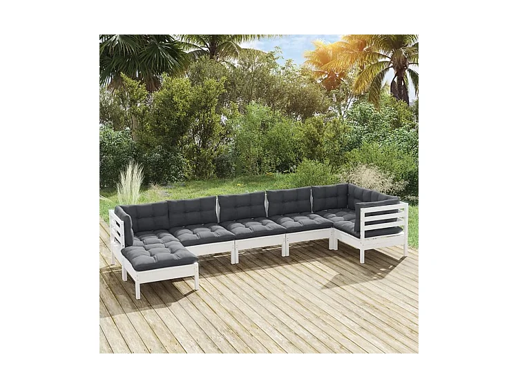 Salon de jardin 7 pcs avec coussins blanc bois de pin solide