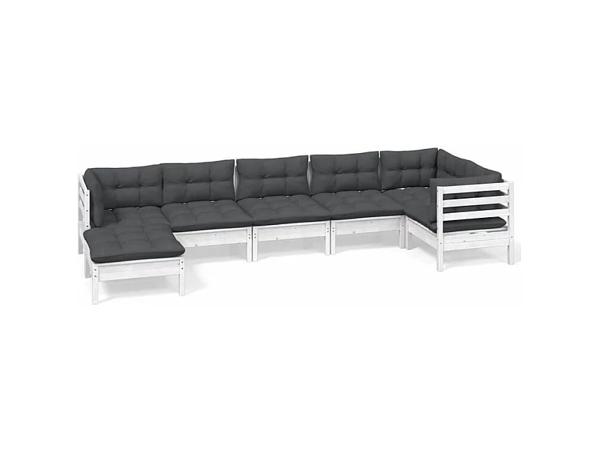 Salon de jardin 7 pcs avec coussins blanc bois de pin solide