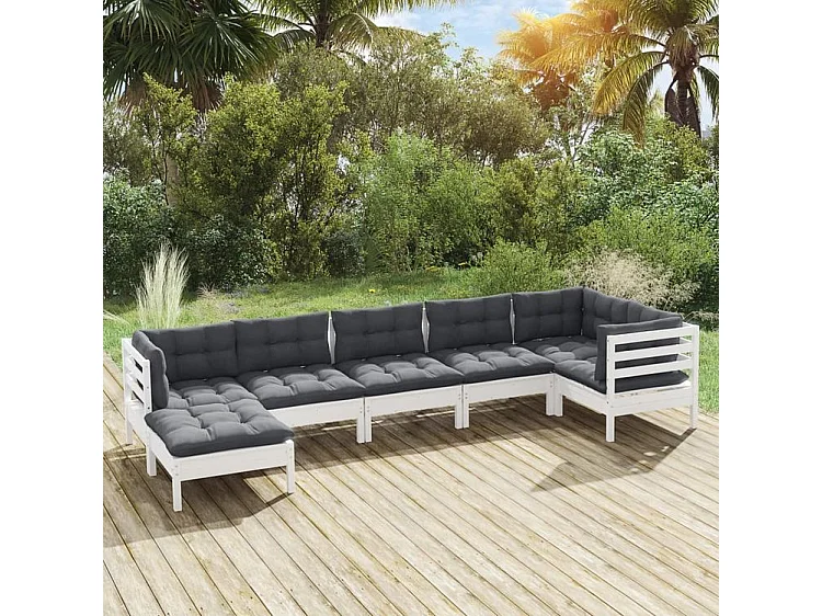 Salon de jardin 7 pcs avec coussins blanc bois de pin solide