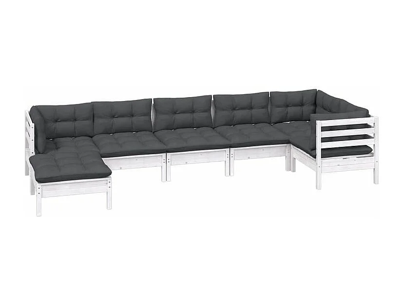 Salon de jardin 7 pcs avec coussins blanc bois de pin solide