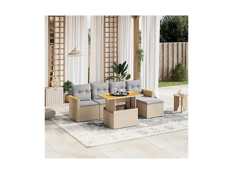Salon de jardin avec coussins 6 pcs beige résine tressée