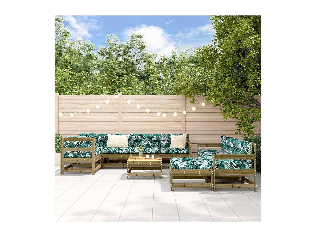 Salon de jardin 10 pcs avec coussins bois de pin imprégné