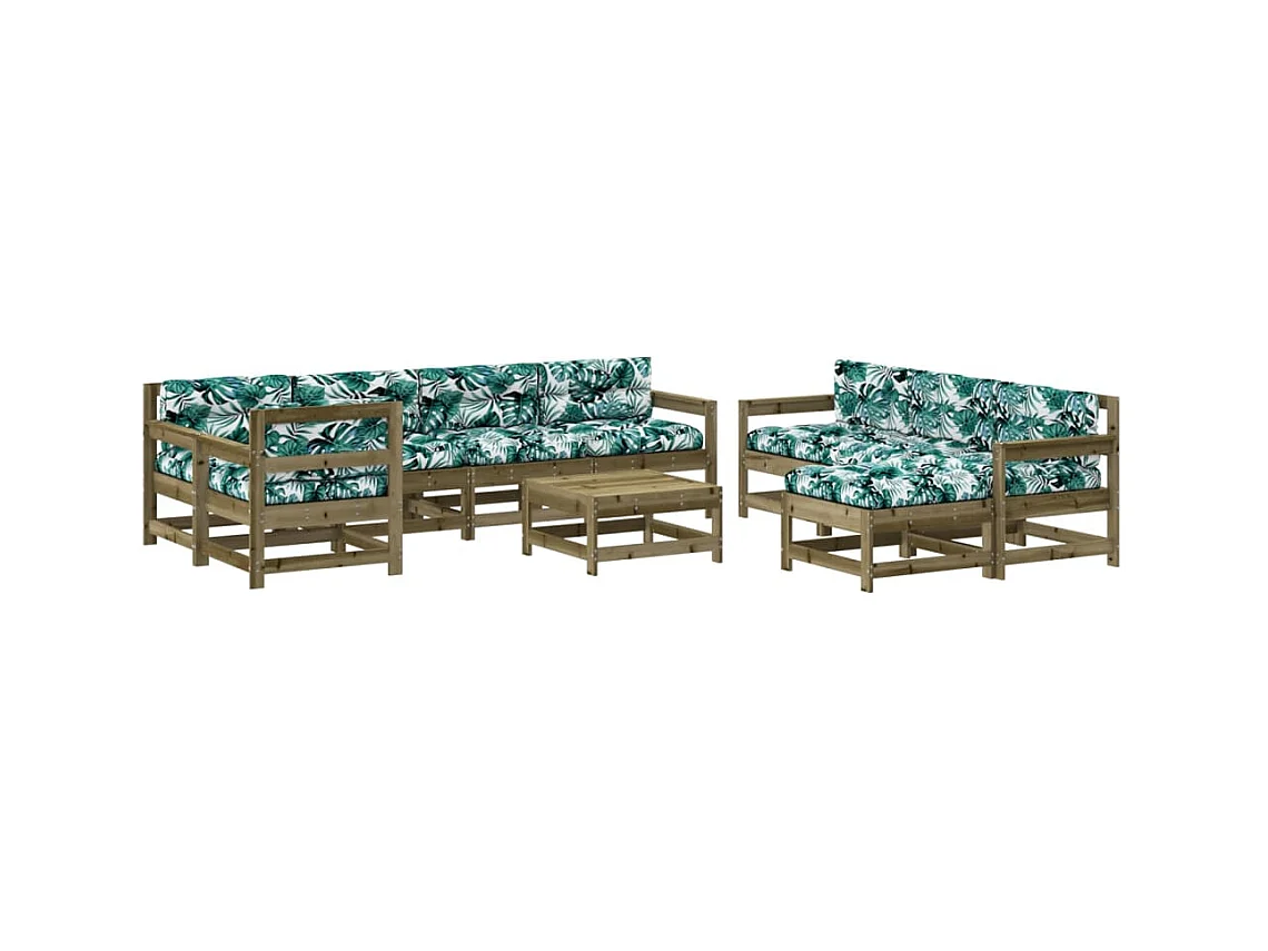 Salon de jardin 10 pcs avec coussins bois de pin imprégné