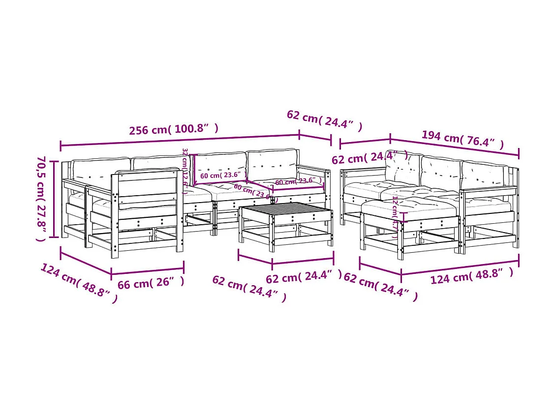 Salon de jardin 10 pcs avec coussins bois de pin imprégné