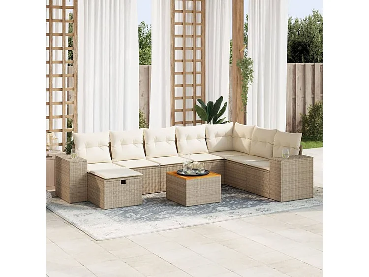 Salon de jardin avec coussins 9 pcs beige résine tressée