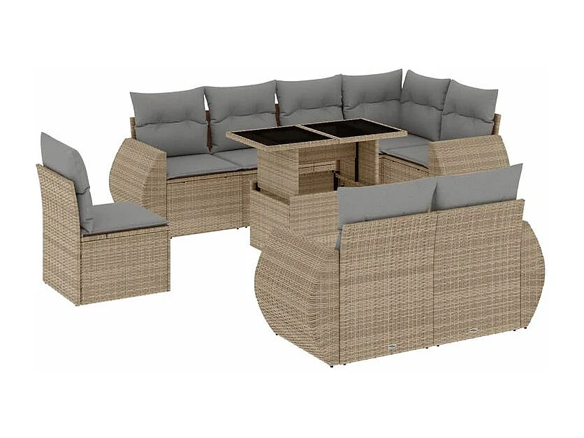 Salon de jardin avec coussins 9 pcs beige résine tressée
