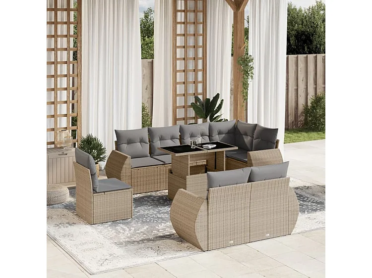 Salon de jardin avec coussins 9 pcs beige résine tressée