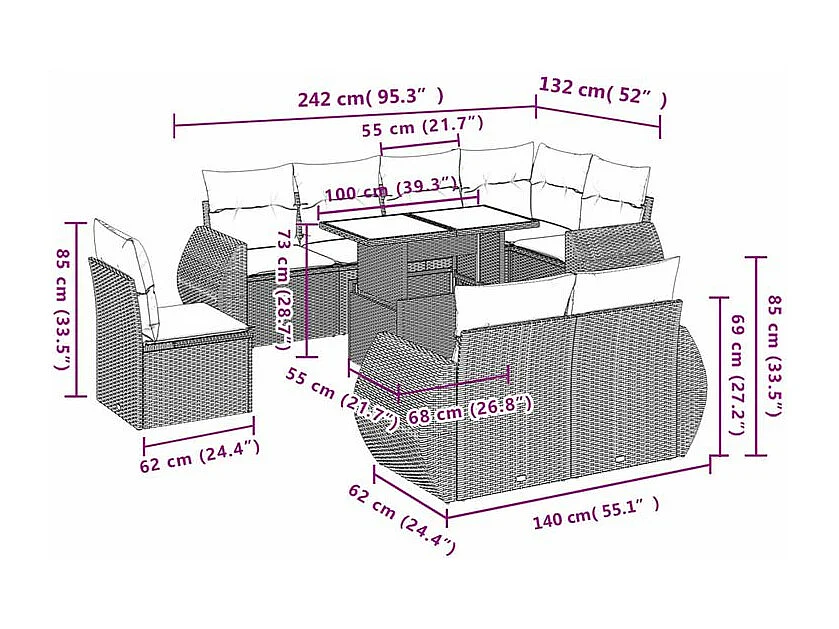 Salon de jardin avec coussins 9 pcs beige résine tressée