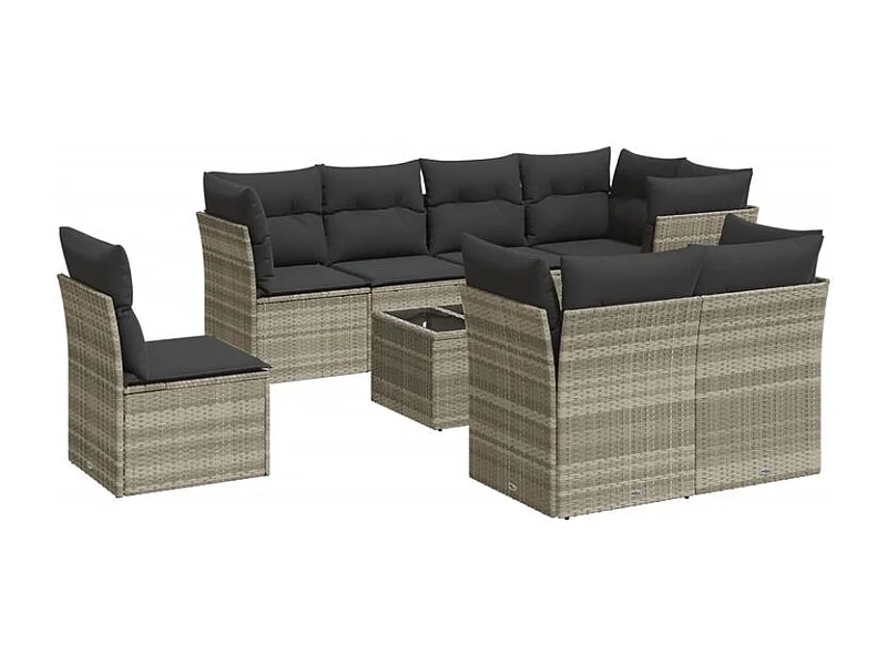 Salon de jardin 9 pcs avec coussins gris clair résine tressée