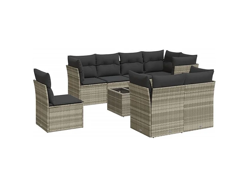 Salon de jardin 9 pcs avec coussins gris clair résine tressée