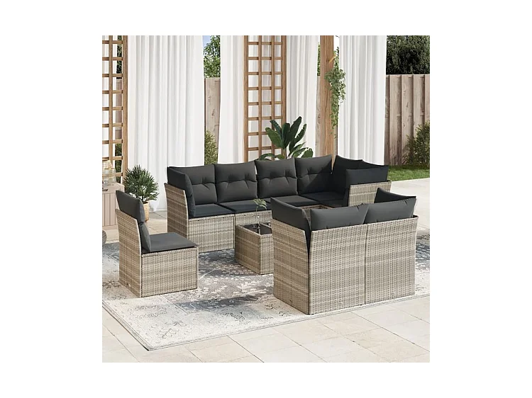 Salon de jardin 9 pcs avec coussins gris clair résine tressée